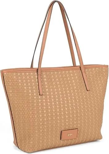 Bolsa Tote Shopper Média Textura Fibra Tressê Marrom Nova