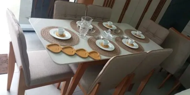 Mesa de jantar 6 cadeiras tampo de vidro ( MADEIRA MACIÇA )