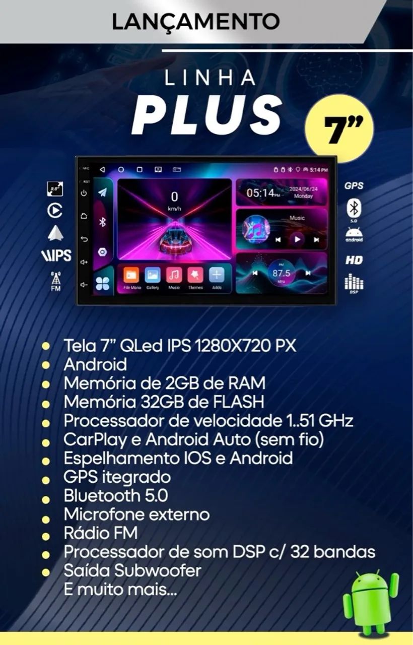 MULTIMÍDIAS AUDIO TECH 7 POLEGADAS 2/32 CARPLAY SEM TV INCLUSO