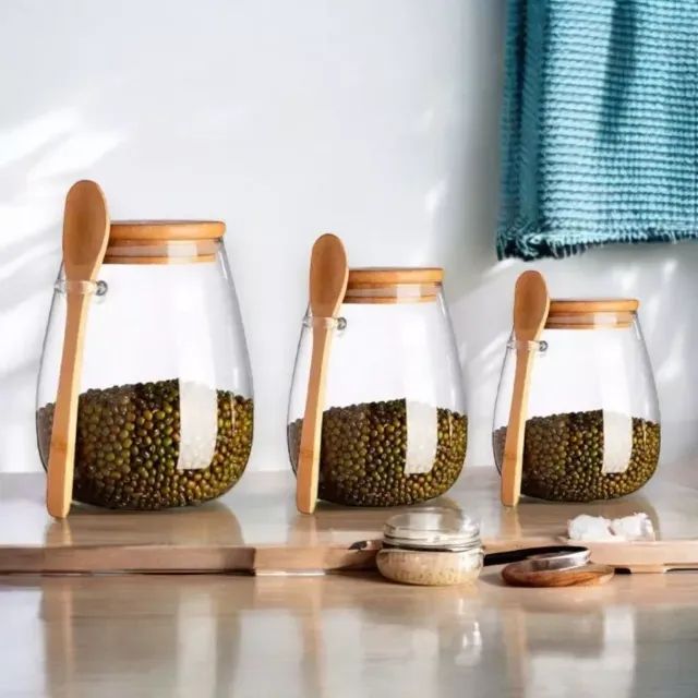   L401 ? Kit 3 Potes de Vidro Herméticos com Tampa de Bambu e Colher ?  ? 