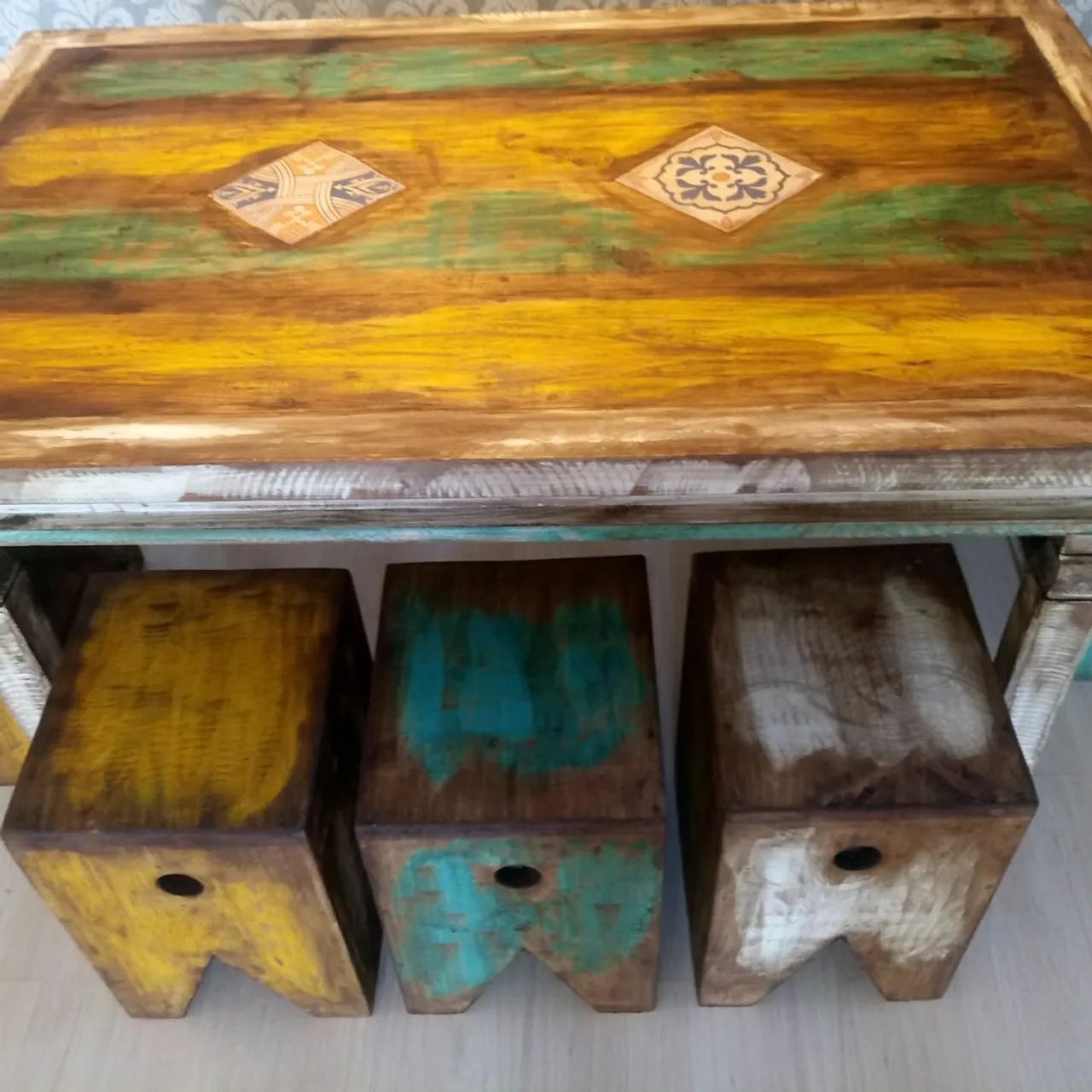 Rustic wooden stool with distressed paint finish!!