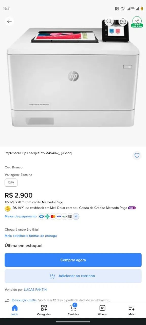 Impressora HP m454dw laser jet pro colorida