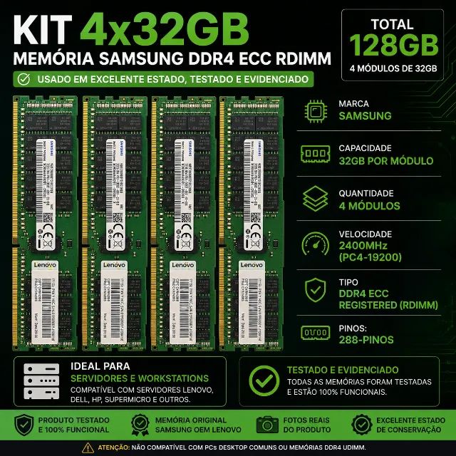 Kit 4x32GB Memória Samsung DDR4 ECC RDIMM 2400MHz Servidor | 128GB