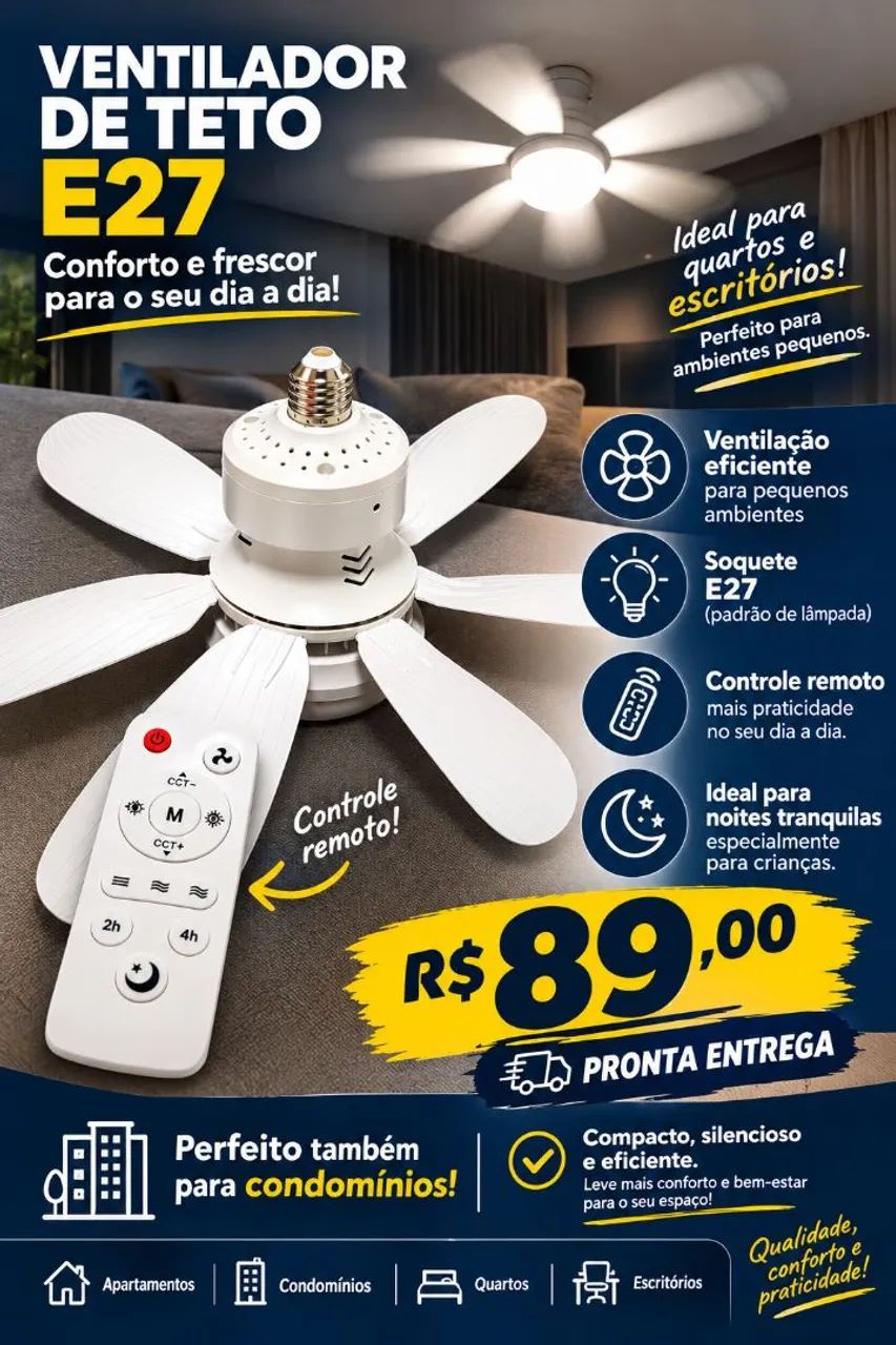 Ventilador de teto E27 Quartos e escritórios