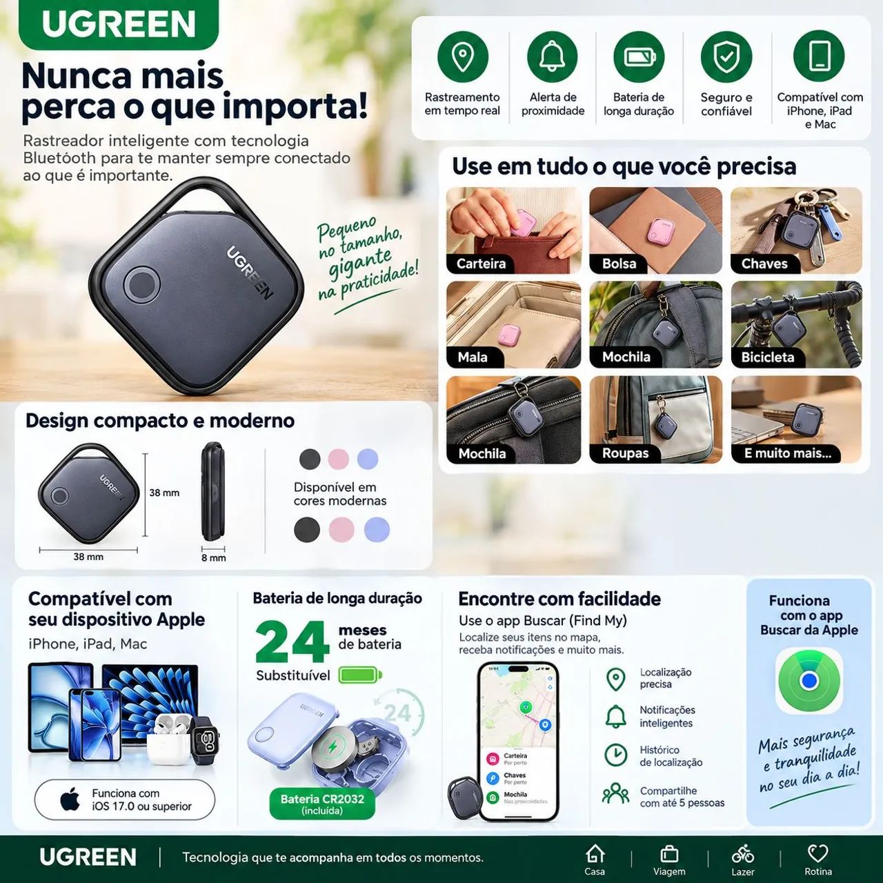 Rastreador Smart Tag Bluetooth Ugreen Chaves Mala Pet IOS