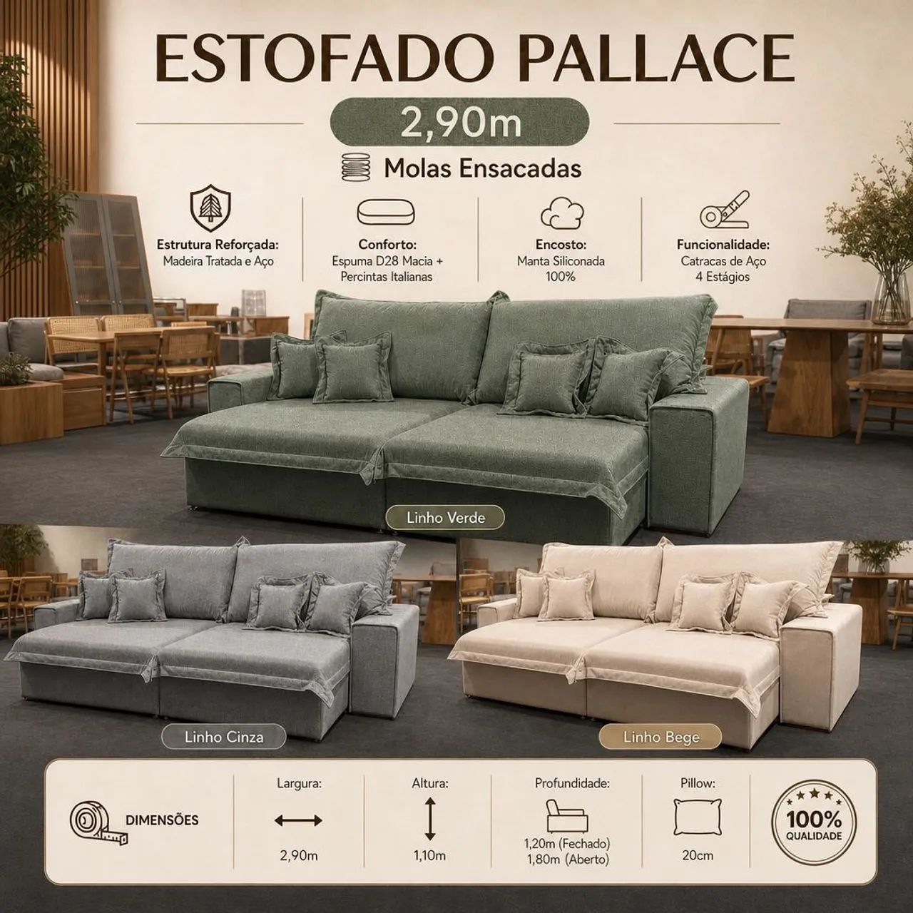 Sofá estofado de 2.90m de molas ensacadas 