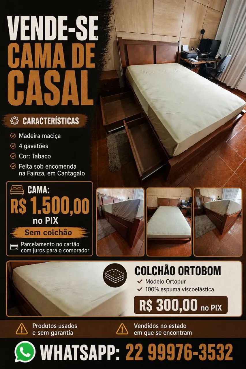 Cama de casal madeira maciça 4 gavetões.