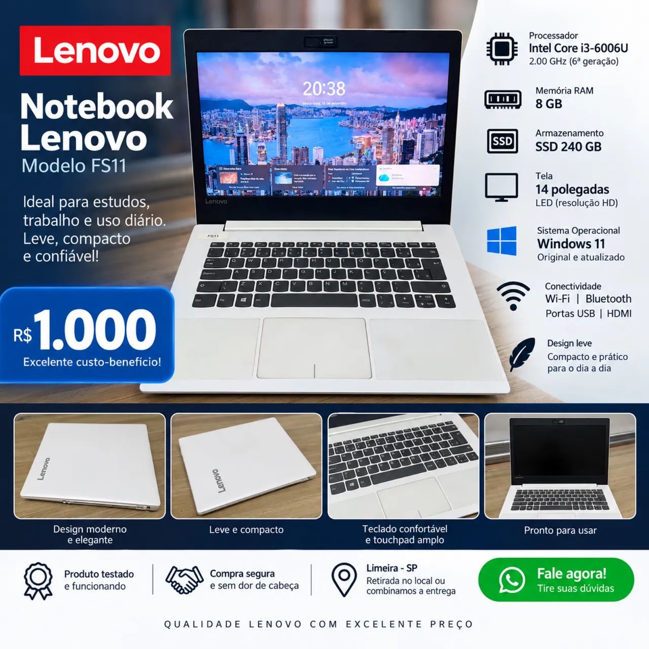 Notebook Lenovo FS11 i3 | 8GB RAM | SSD 240GB | Windows 11