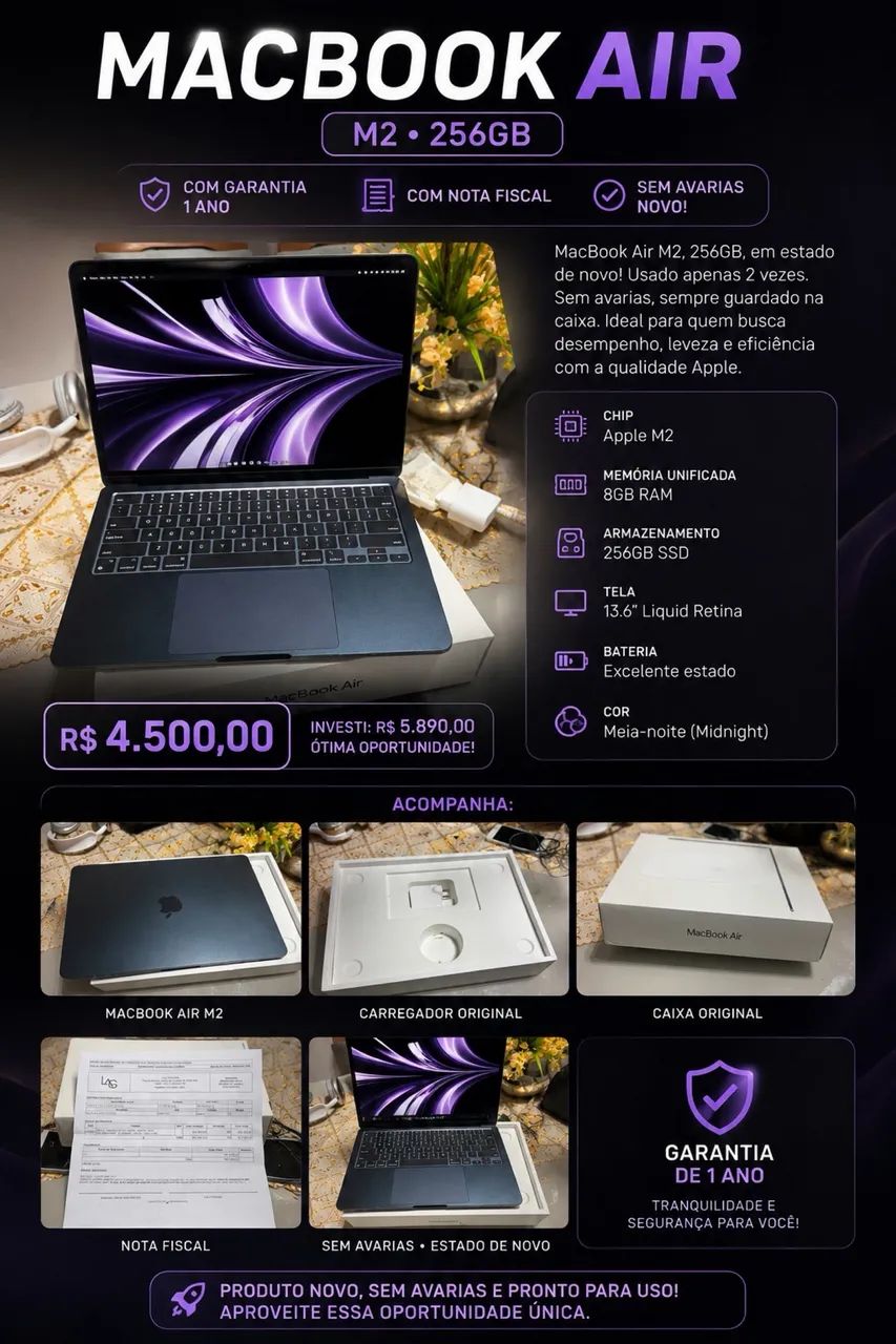 MacBook Air M2 256GB Midnight | Estado de Novo | Com Nota Fiscal e