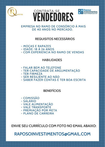 Vaga de trabalho - 20 vagas disponiveis -