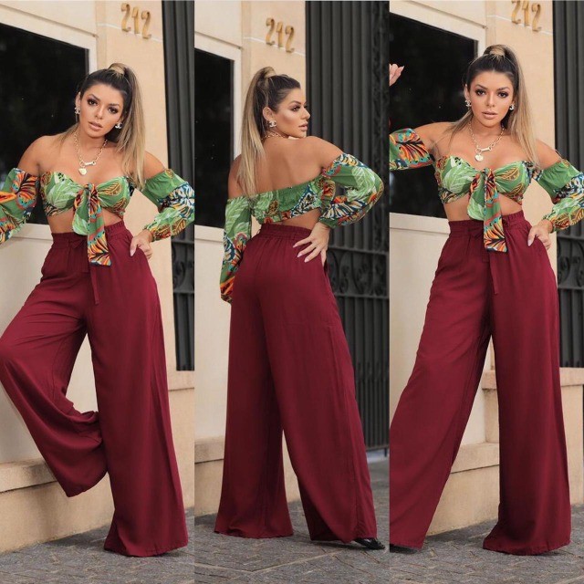 Calça Pantalona Tecido Viscose Cor Bordô(Vinho)