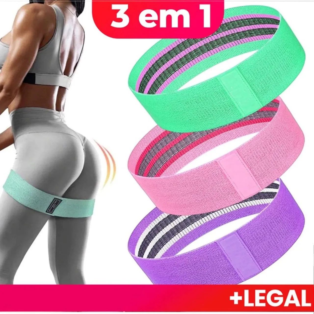 Kit de 3 Faixas Elásticas de Exercício Hip Resistance Bands