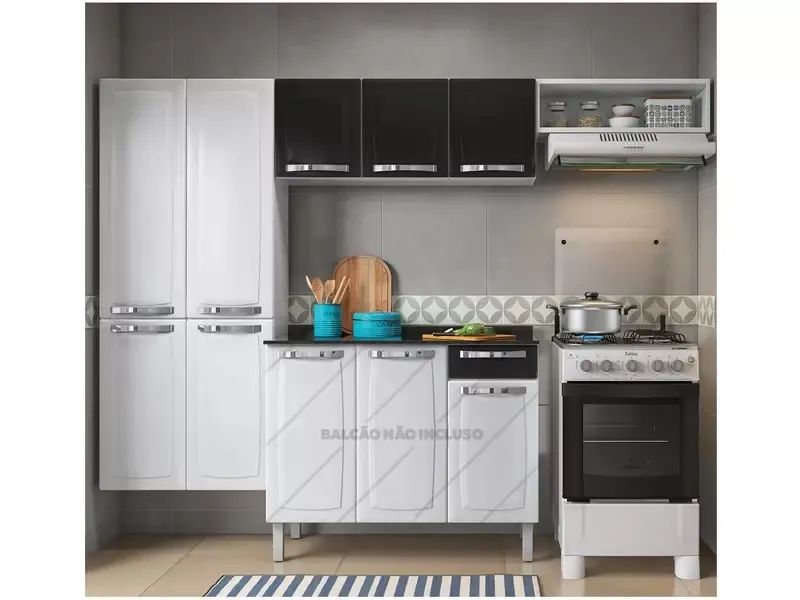 Conjunto de Armários de Cozinha Completo - Branco e Preto