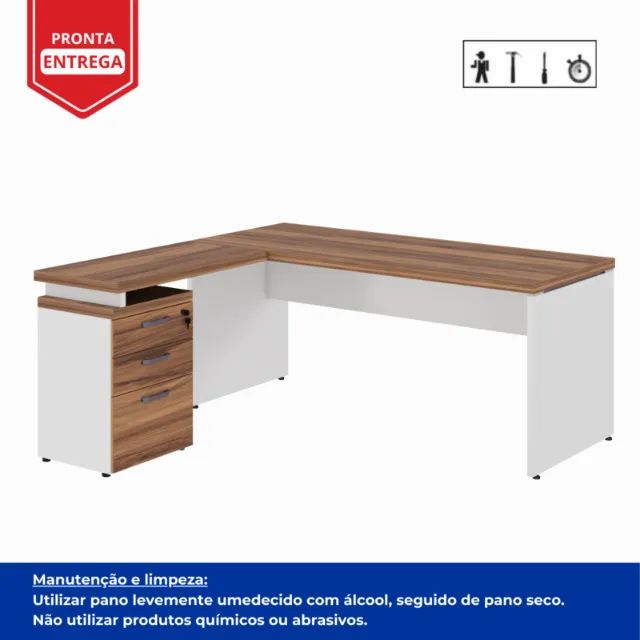 Mesa Escritório em ?L? c Gavetão na Auxiliar 1,50×1,50m -  NOGAL SEVILHABRANCO