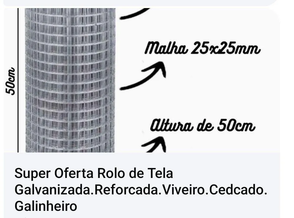 Tela Galvanizada 25x25mm - 50cm de Altura