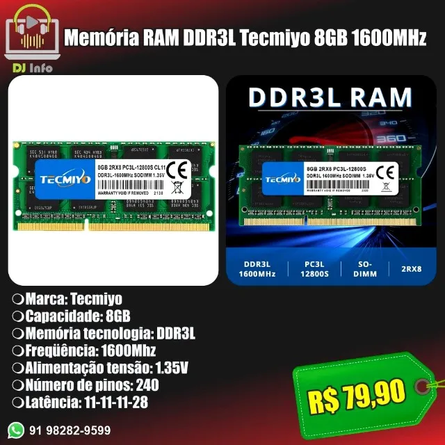 Memória RAM DDR3L Tecmiyo 8GB 1600MHz
