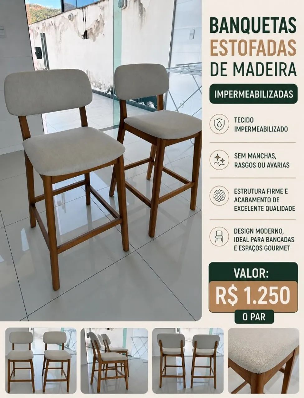 Banquetas de madeira e linho