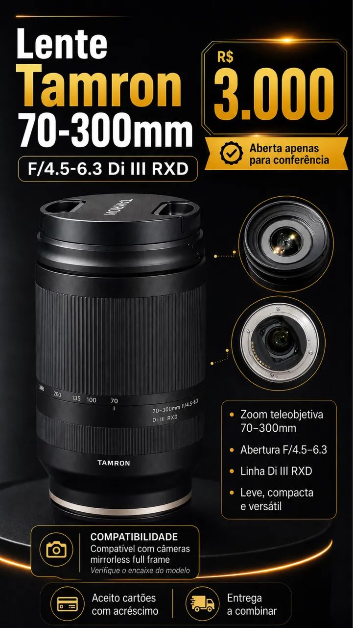 Lente Tamron 70-300mm F/4.5-6.3 Di III RXD para Sony E | Full Frame | Semi Nova | R$ 3.000