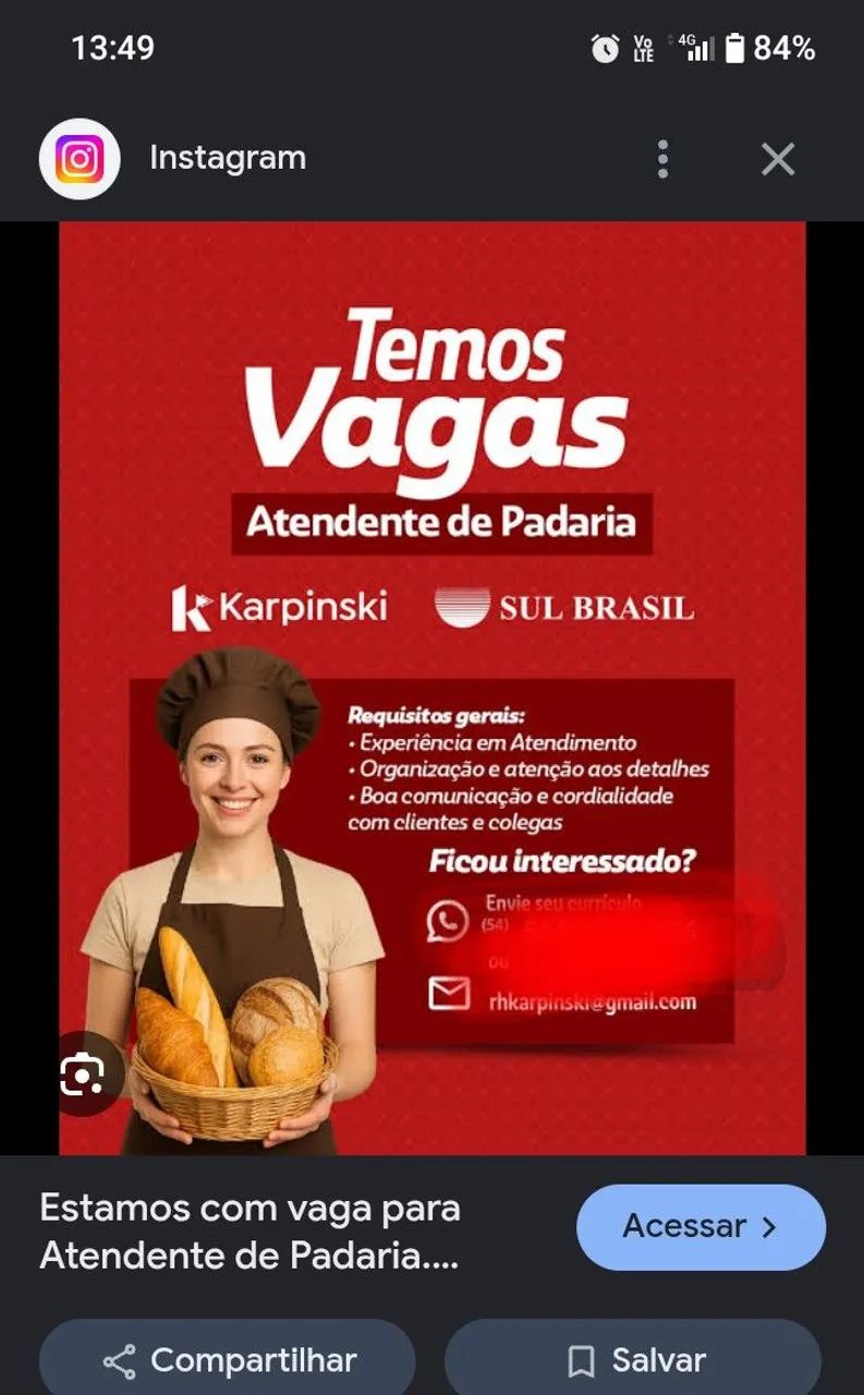 Vaga padaria atendente 