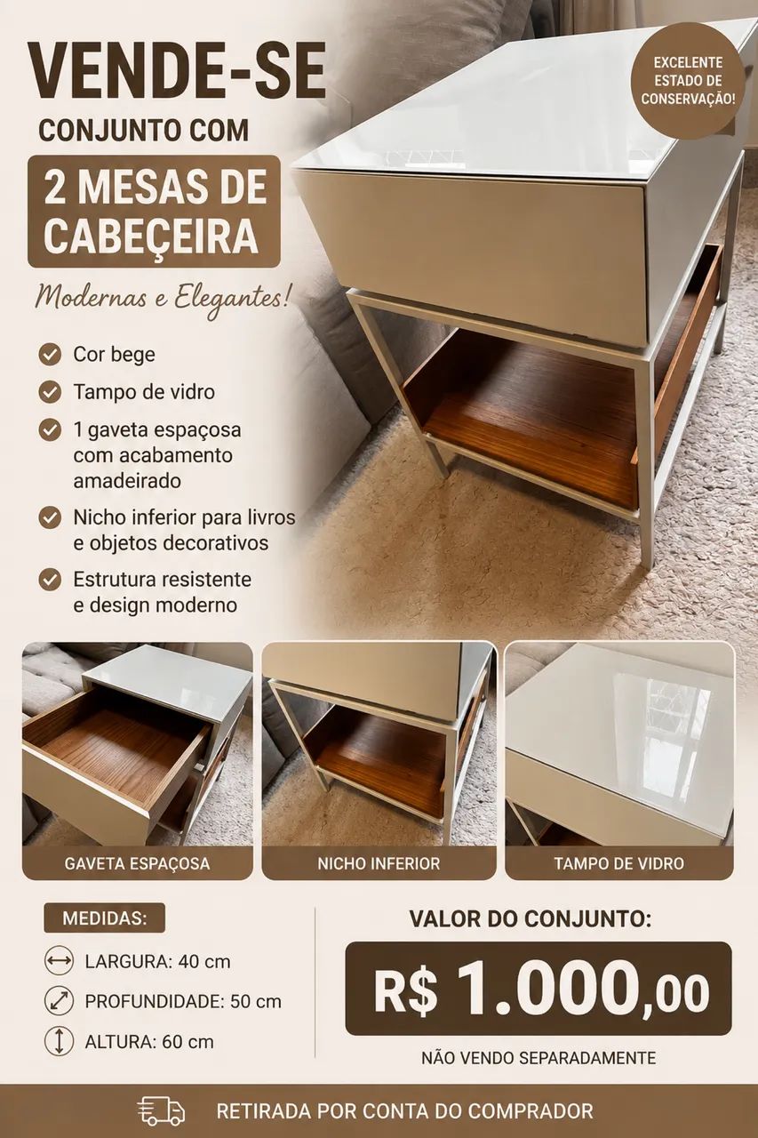 Mesas de Cabeceira Modernas Bege com Tampo de Vidro