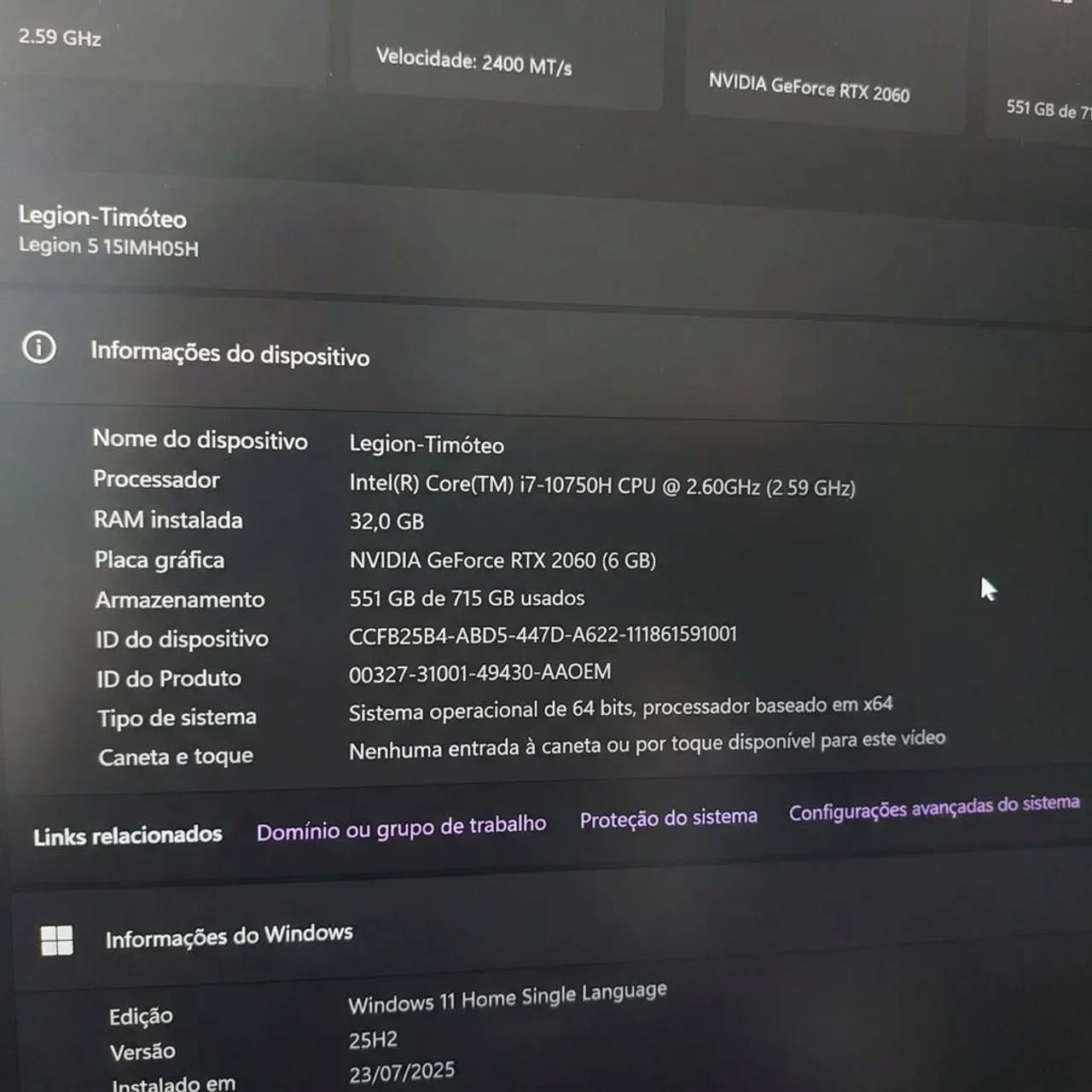 Notebook gamer LEGION i7 RTX 2060