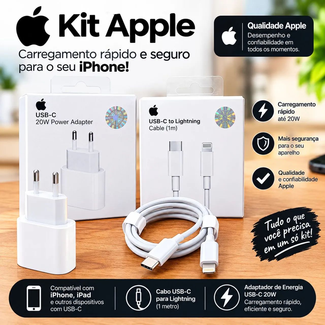 Carregador iPhone Apple 20w Turbo Com Cabo Lightning Usb-c - Foto 2