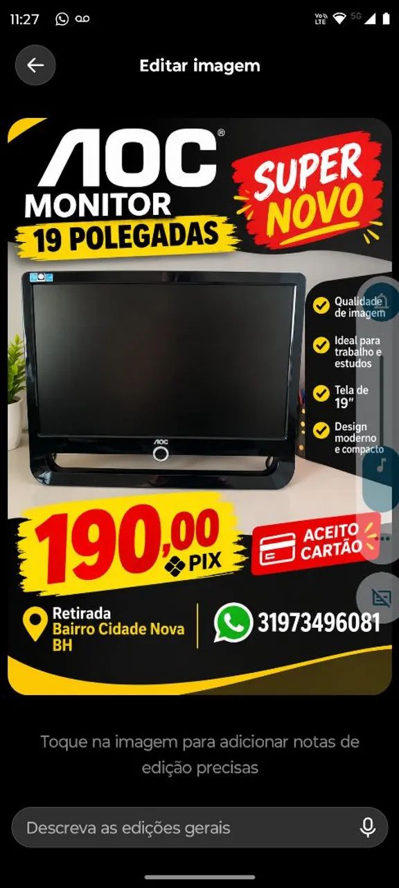Monitor super Novo AOC 19 polegadas $$ 190.00 retirada bairro Cidade nova BH 
