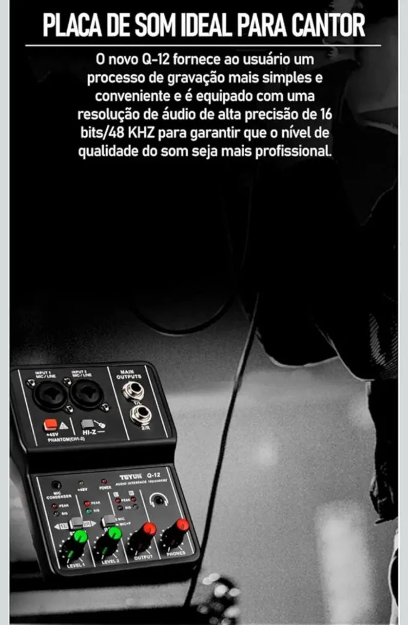 Interface de Áudio Teyun Q12 USB Placa de Som 48V Phantom - Foto 3