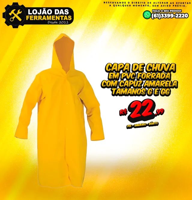 Capa de Chuva em Pvc Forrada Com Capuz Amarela G e GG