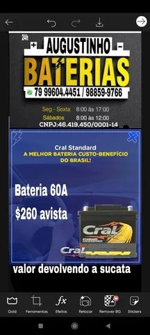 Bateria 60A, Aparti R$260