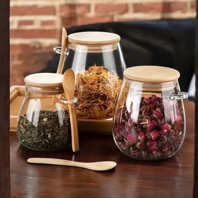   L401 ? Kit 3 Potes de Vidro Herméticos com Tampa de Bambu e Colher ?  ?  - Foto 3