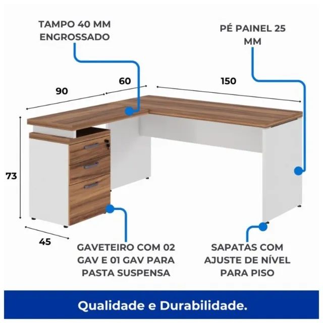 Mesa Escritório em ?L? c Gavetão na Auxiliar 1,50×1,50m -  NOGAL SEVILHABRANCO - Foto 3