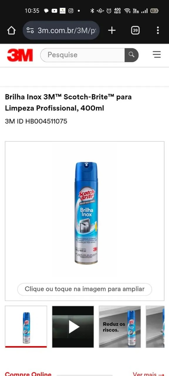 Brilha Inox 3M Scotch-Brite Limpeza Profissional 400mL Aerosol Limpeza de Elevadores