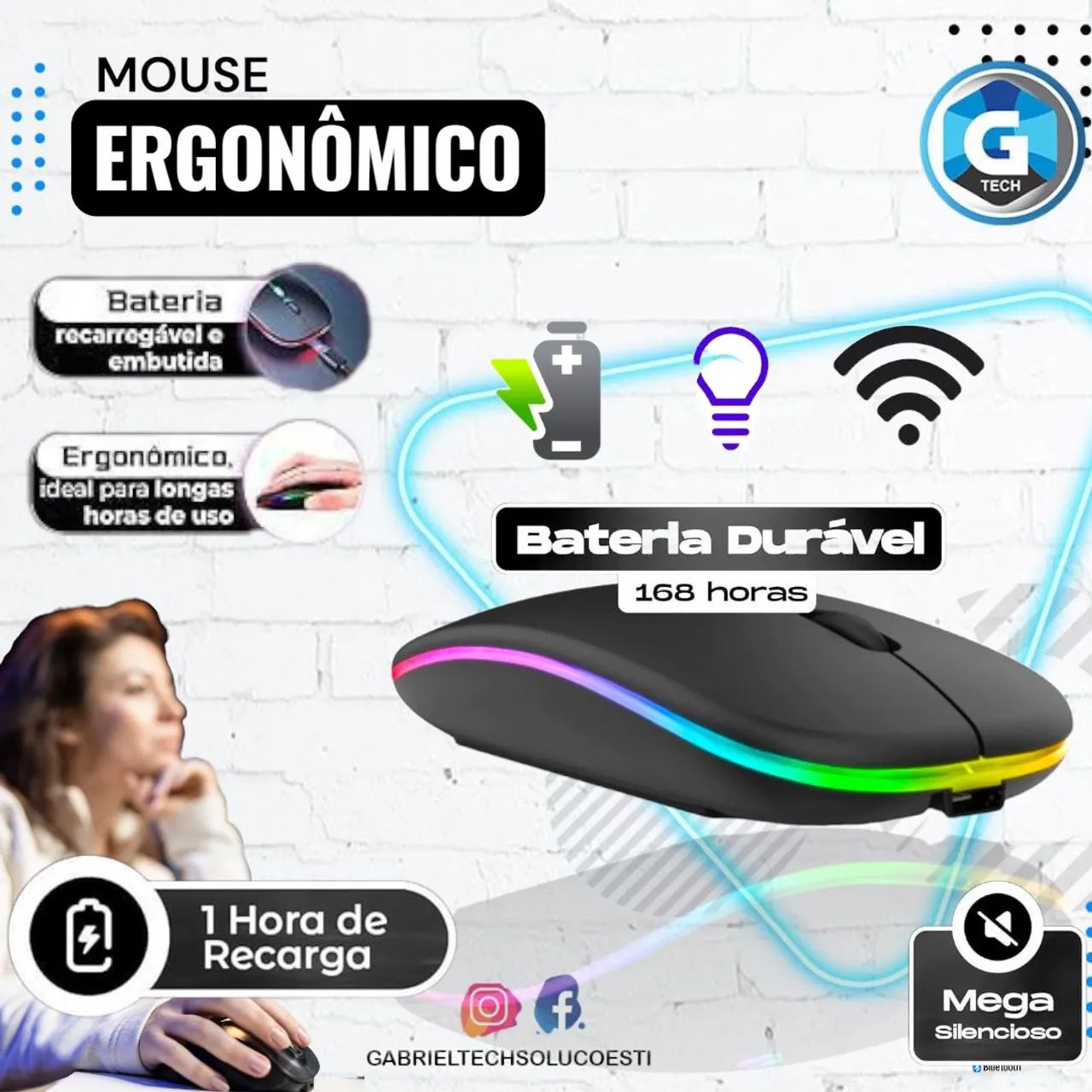 Mouse sem fio recarregável Bluetooth 