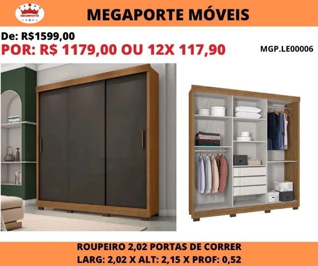 GUARDA ROUPA CASAL 03 PORTAS DE CORRER 