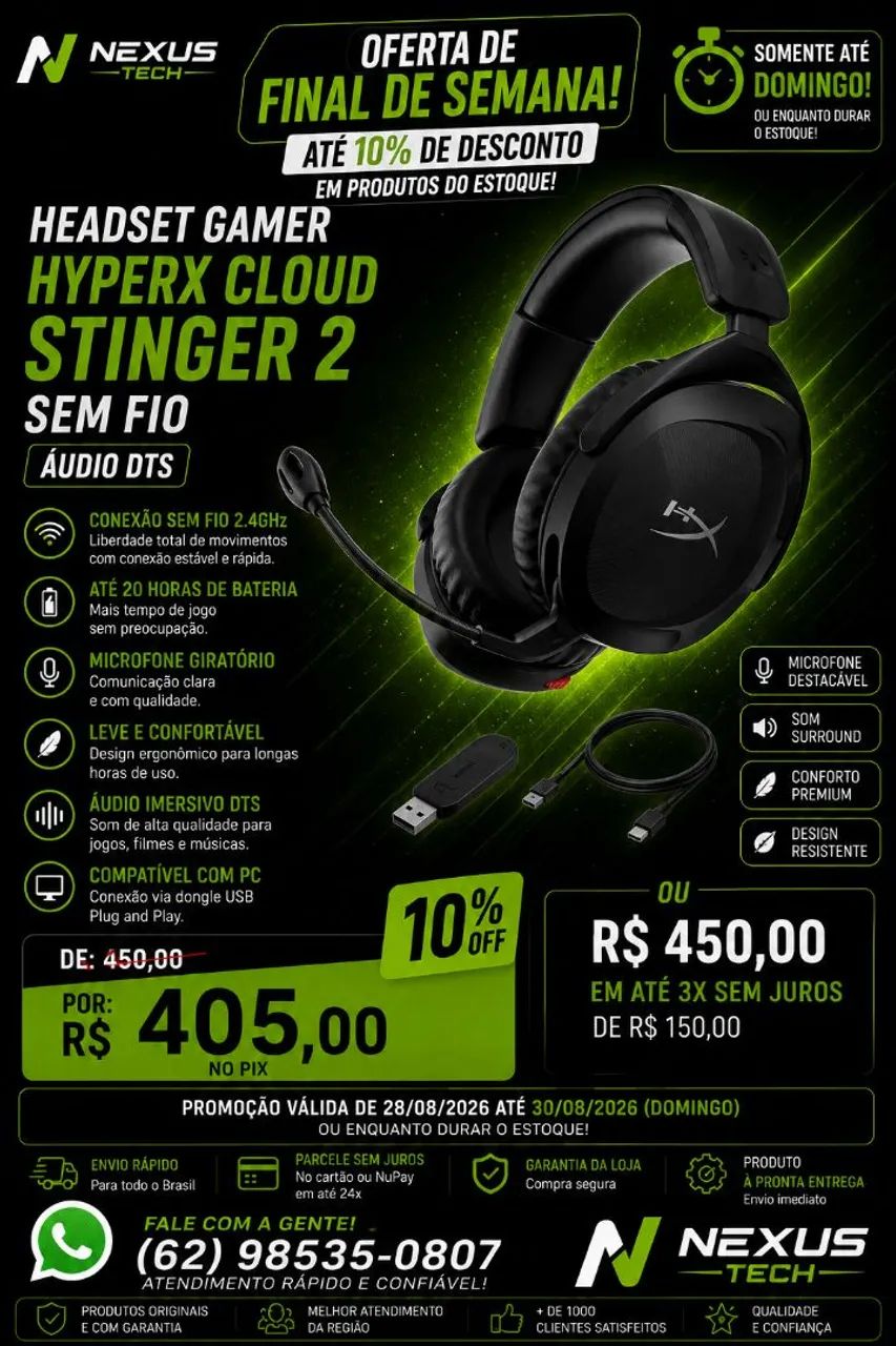 Headset Gamer HyperX Cloud Stinger 2 Wireless Sem Fio DTS PC