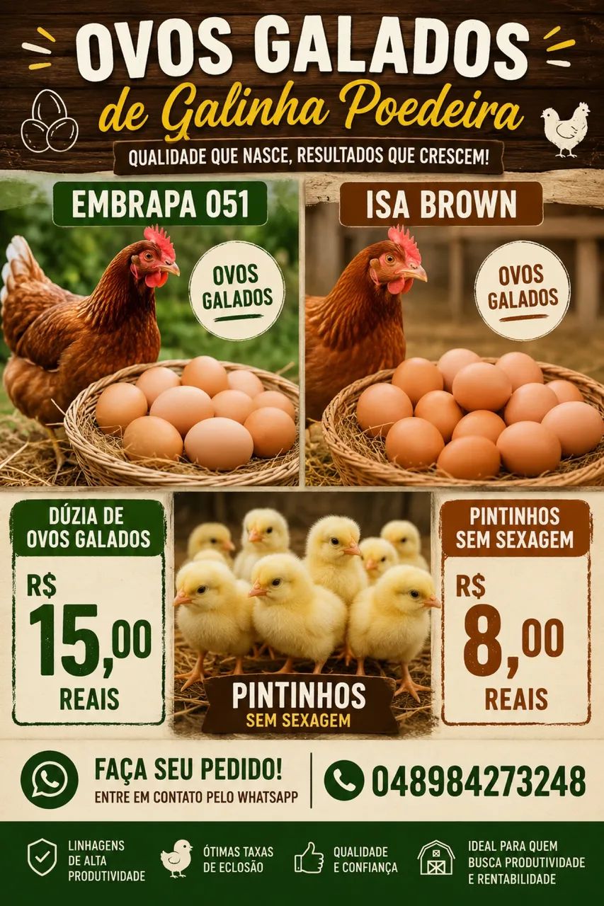 Venda de ovos galados e pintinhos de poedeira.