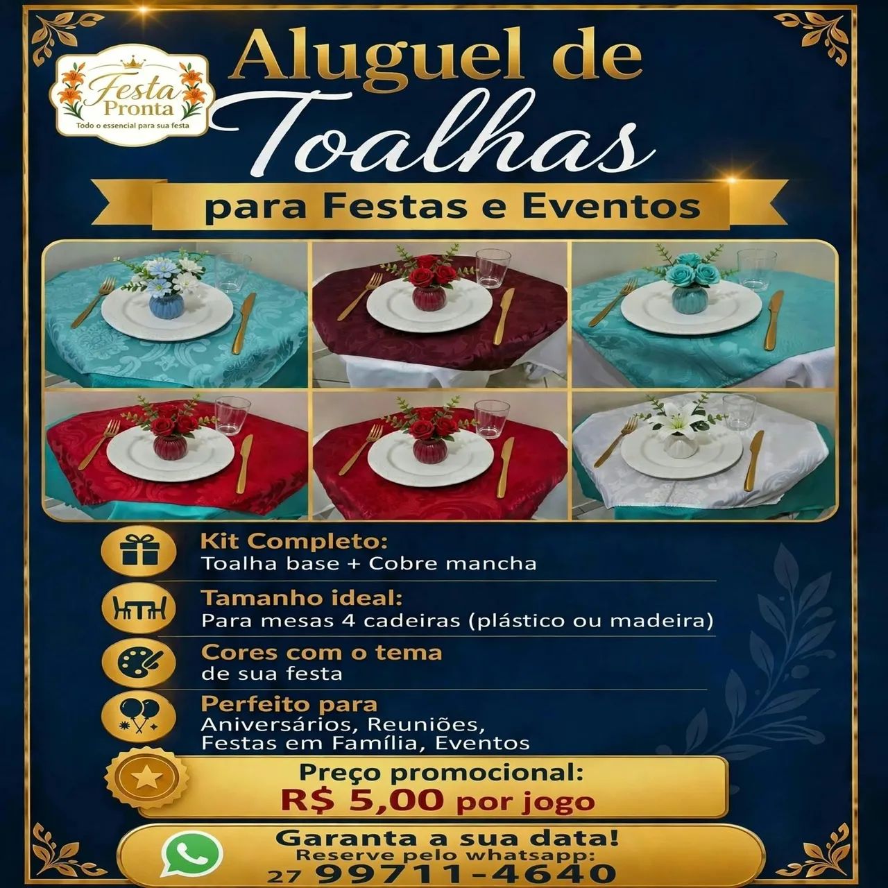 ALUGUEL TOALHAS FESTAS R$ 5,00