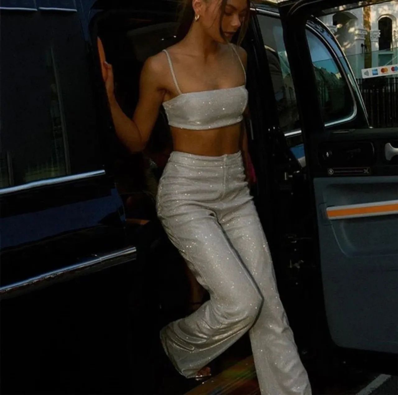 Conjunto top e calça com gliter prata 