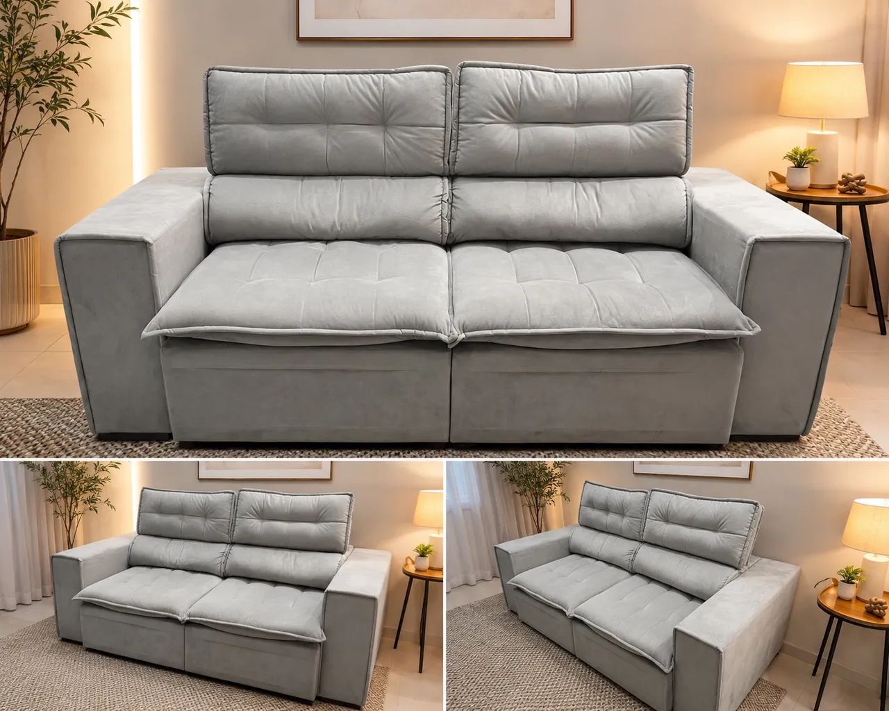     Sofá Retrátil Cinza Suede - 2m