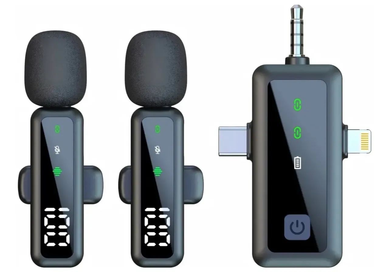 Microfone de lapela duplo sem fio 3 em 1