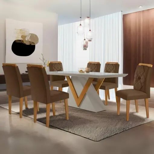 Mesa de Jantar Elegante com Tampo de Vidro + 8 Cadeiras no Marrom