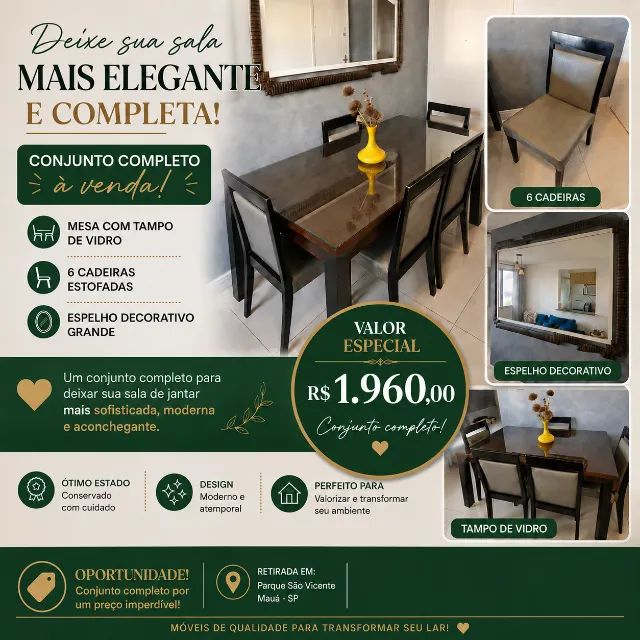 Conjunto de jantar-mesa com 6 cadeiras +espelho. 