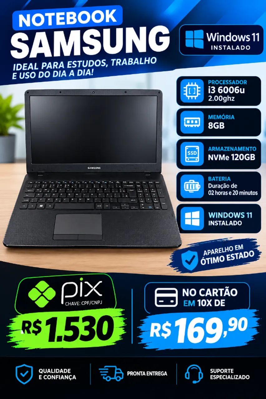 Notebook Samsung I3 6006u + 8GB Ram + 120GB SSD NVME