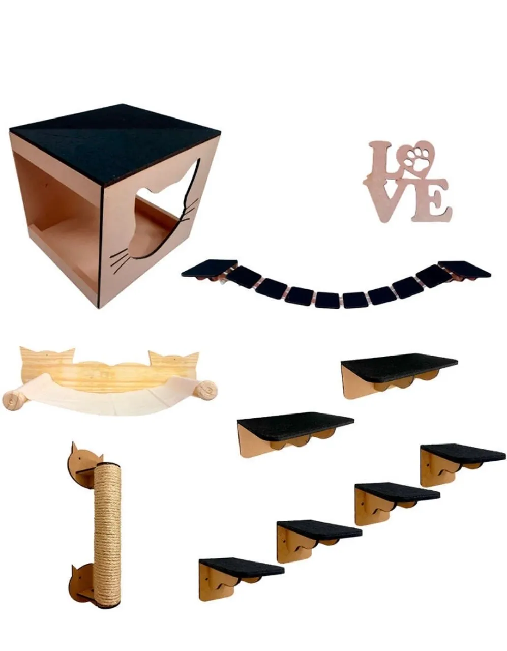 Kit móveis para gatos: casinha, prateleiras e arranhador!