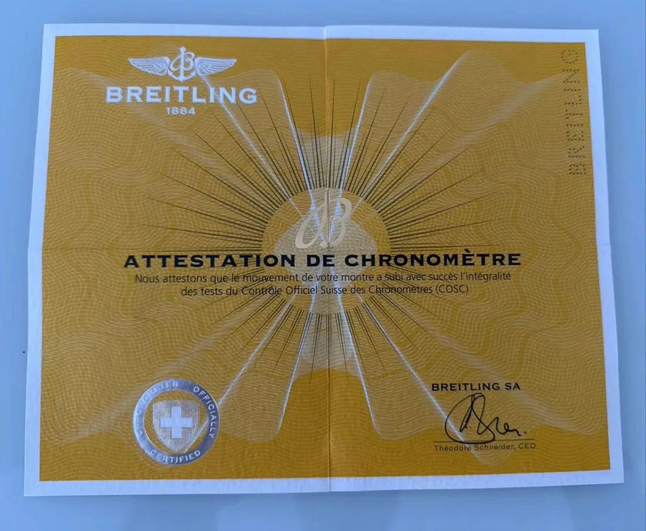 Certificado original autêntico de Cronômetro Original relógio Breitling