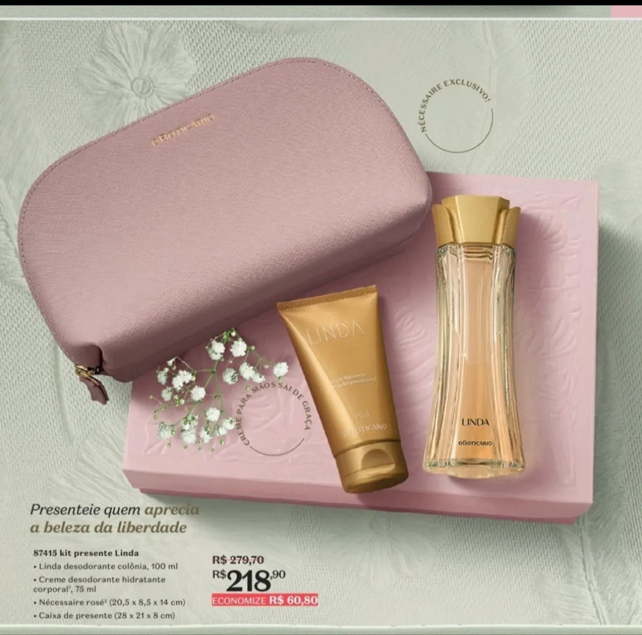 Kit Linda O Boticário - Perfume, Creme e Necessaire