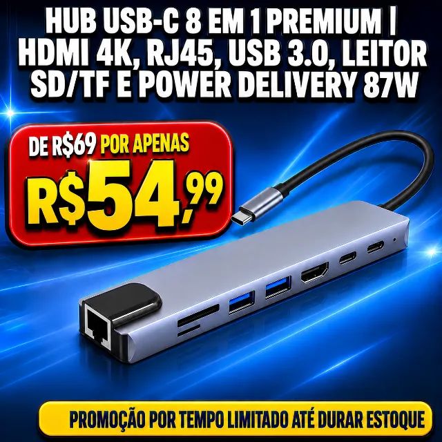 Hub USB-C 8IN1 com HDMI 4K, RJ45 e Power Delivery - Entrega Grátis