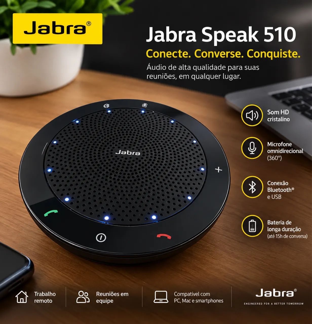 Caixa de som e microfone Jabra. Conectividade Bluetooth/USB