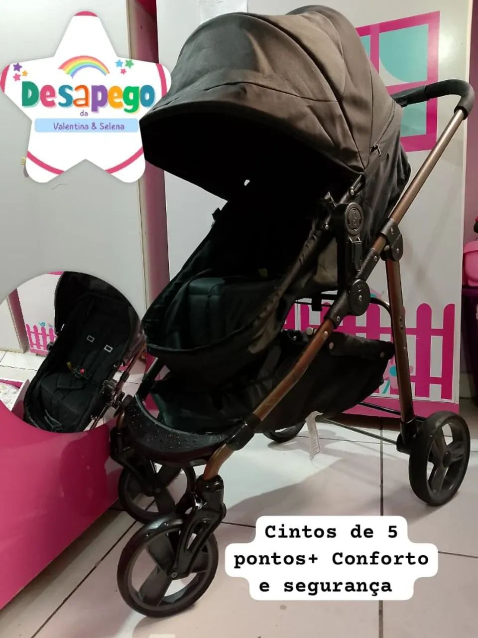 Kit Carrinho de bebê Moisés 3em1+ Bebê conforto Preto Napoli Galzerano Bem Conservado ? - Foto 4